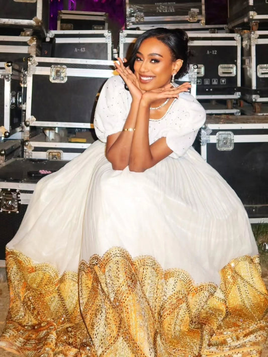 GOLD EMBROIDERY HABESHA KEMIS TRADITIONAL ETHIOPIAN WEDDING DRESS STYLE