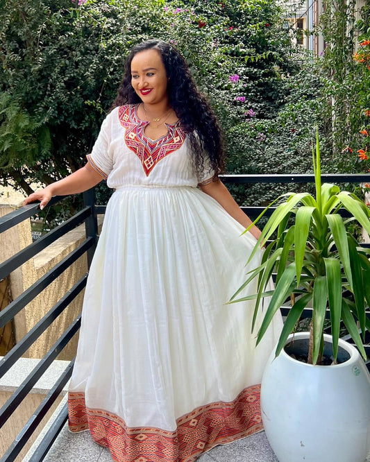 CLASSIC WHITE HABESHA KEMIS WITH EMBROIDERED DETAILS | ETHIOPIAN TRADITIONAL DRESS STYLE | ELEGANT HABESHA DRESS DESIGN
