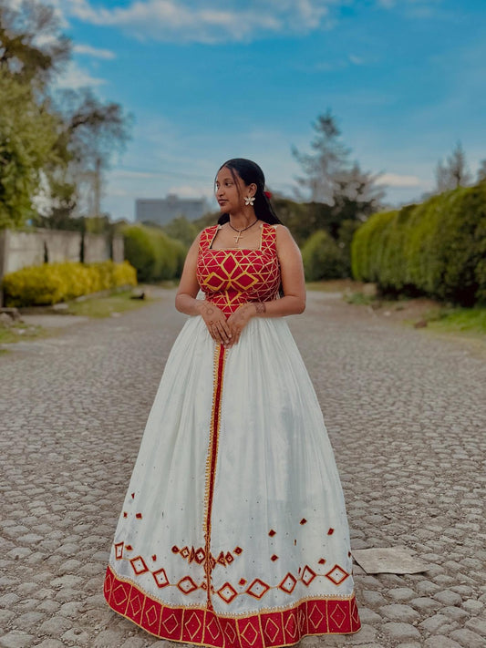 TRADITIONAL ETHIOPIAN WEDDING DRESS | VIBRANT EMBROIDERY HABESHA DRESS | HABESHA KEMIS FOR WEDDING