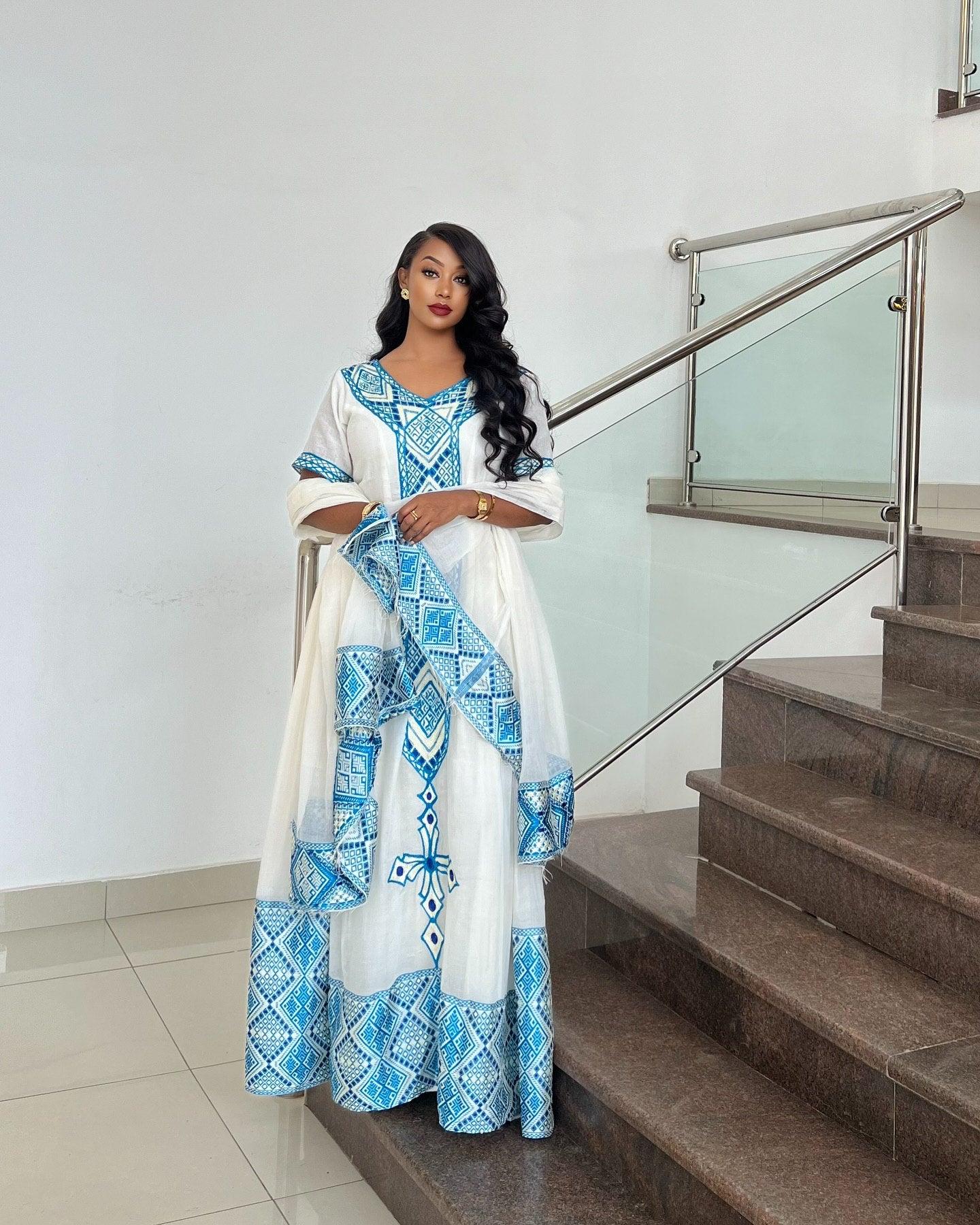 NAOMI BLUE CROSS EMBROIDERY HABESHA DRESS | ETHIOPIAN TRADITIONAL DRESS | SHORT SLEEVE HABESHA KEMIS