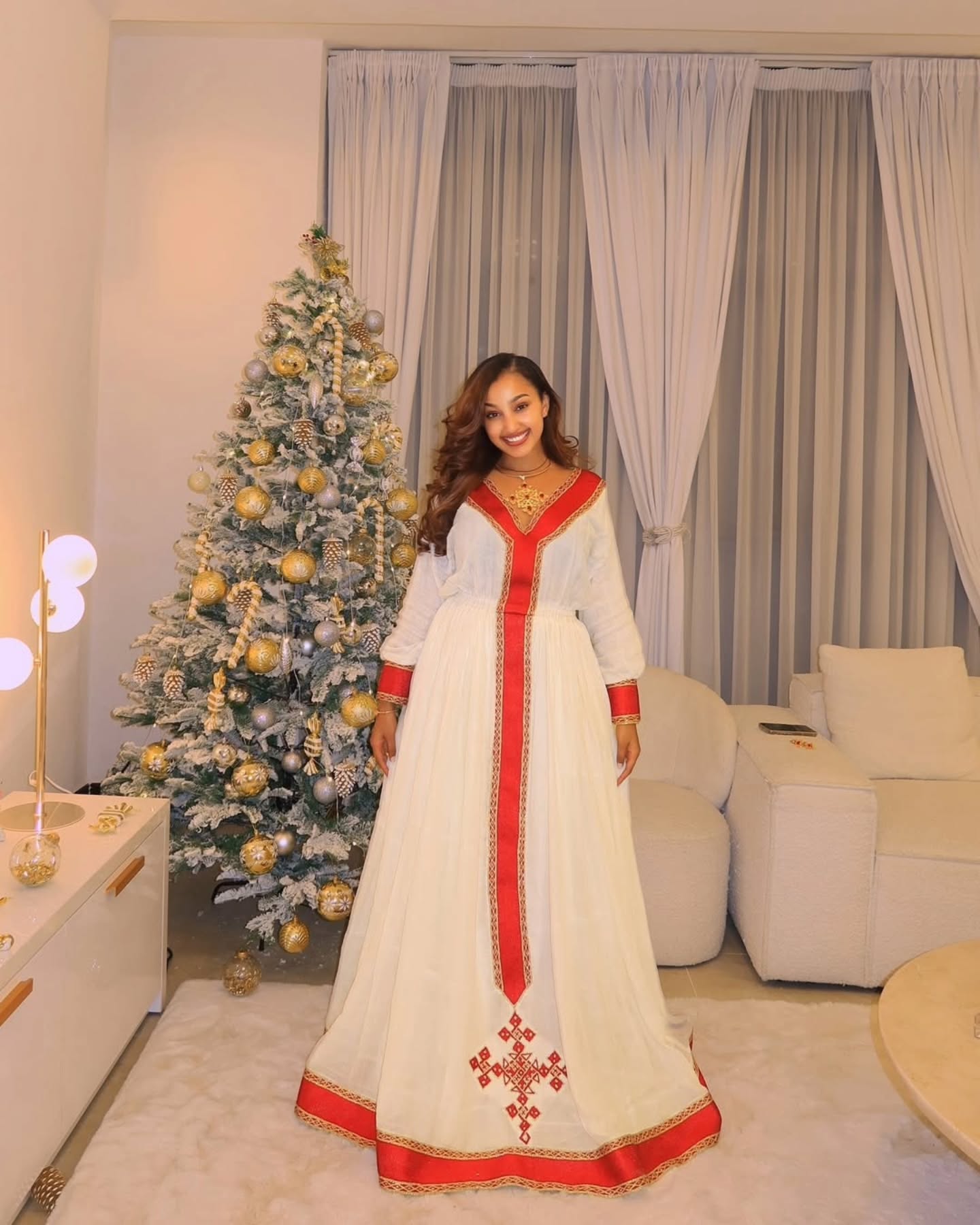 LONG SLEEVE HABESHA DRESS WITH RED WOVEN DETAIL INSPIRED BY ETHIOPIAN CLOTHING ART
