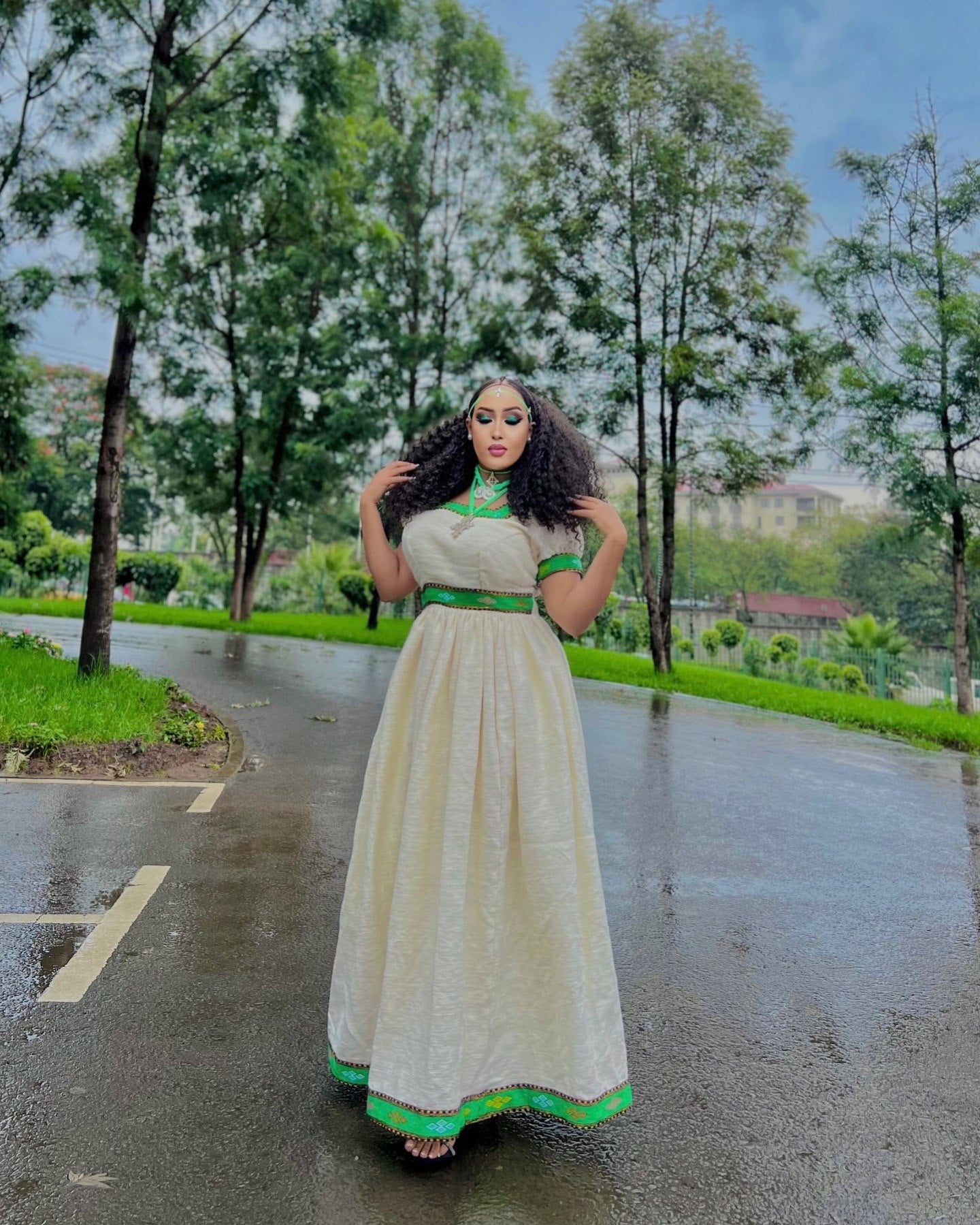  SHORT SLEEVE HABESHA DRESS WITH GREEN PATTERN FOR ELEGANT ETHIOPIAN TRADITIONAL DRESS OCCASIONS