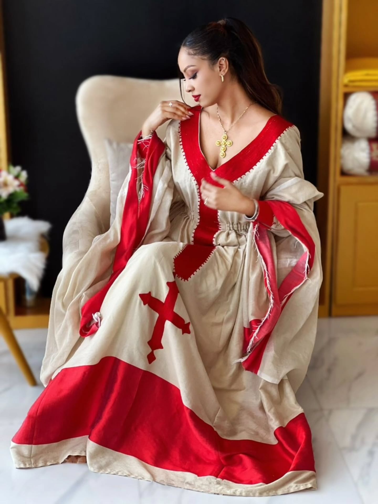 RED WOVEN LONG SLEEVE HABESHA DRESS FOR FORMAL ETHIOPIAN TRADITIONAL DRESS CEREMONIES