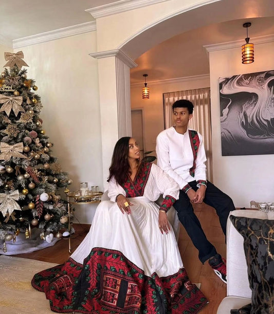 MATCHING HABESHA COUPLE OUTFIT RED WOMEN’S DRESS AND MEN’S TRADITIONAL SHIRT ETHIOPIAN WEDDING STYLE