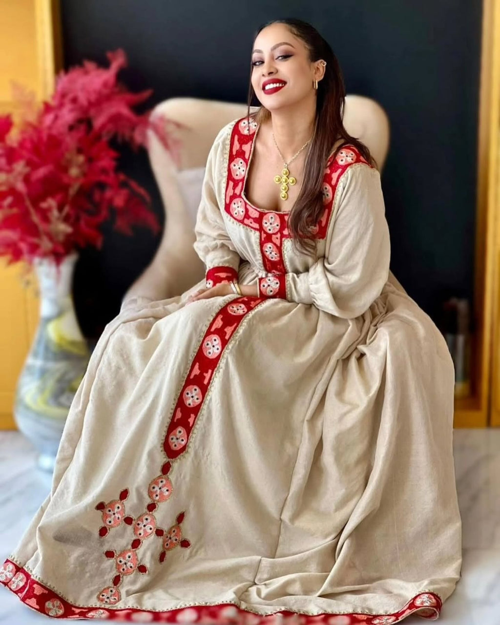 RED WOVEN LONG SLEEVE HABESHA KEMIS HABESHA DRESS ETHIOPIAN TRADITIONAL DRESS STYLE FOR CULTURAL CELEBRATIONS