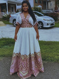 SHOP HABESHA KEMIS ONLINE | V-NECKLINE HABESHA TRADITIONAL DRESS & ETHIOPIAN WEDDING DRESS STYLE