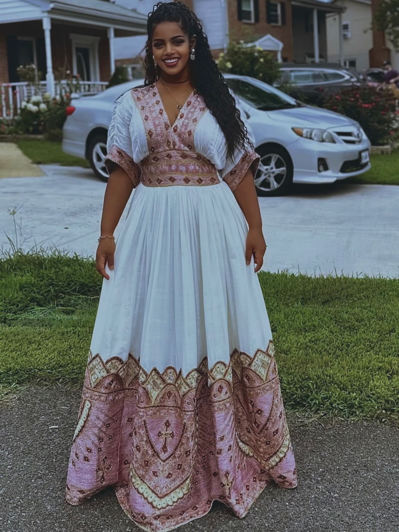 SHOP HABESHA KEMIS ONLINE | V-NECKLINE HABESHA TRADITIONAL DRESS & ETHIOPIAN WEDDING DRESS STYLE