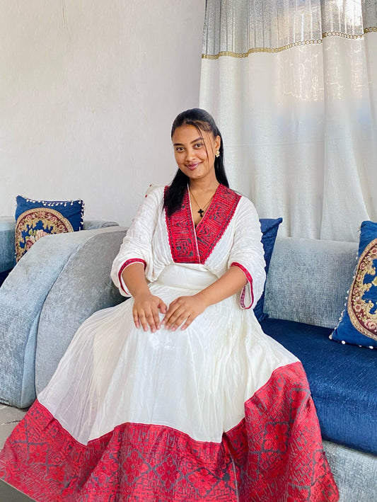 AUTHENTIC RED WOVEN HABESHA KEMIS | TRADITIONAL ETHIOPIAN DRESS & CULTURAL ELEGANCE