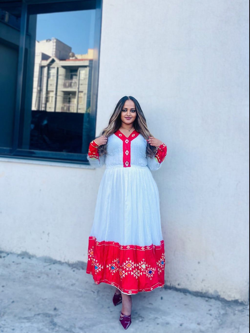 ELEGANT RED WOVEN HABESHA KEMIS WITH LONG SLEEVE 