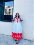 ELEGANT RED WOVEN HABESHA KEMIS WITH LONG SLEEVE 