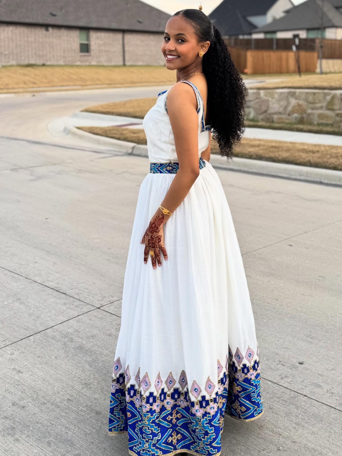 AKALE ETHIOPIAN CLOTHING COLLECTION | SLEEVELESS HABESHA DRESS | BLUE HABESHA KEMIS DESIGN
