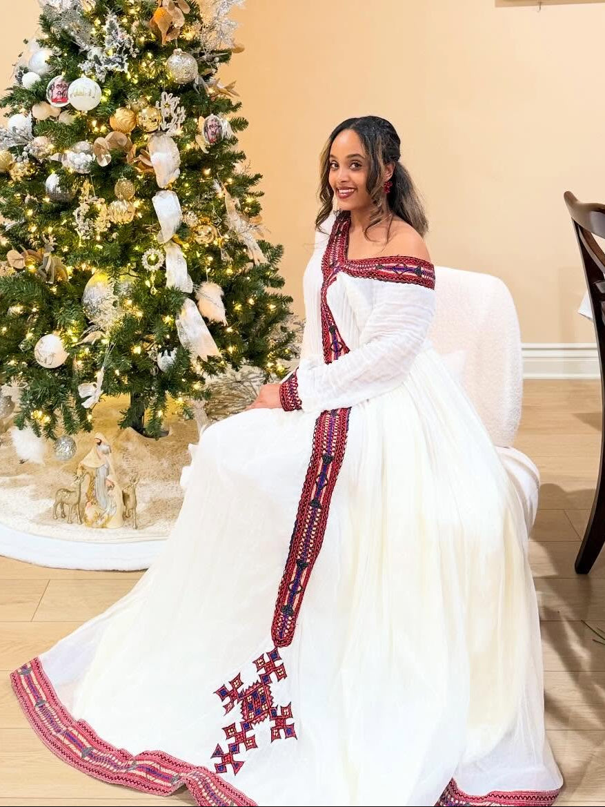 ETHIOPIAN CLOTHING STYLE WHITE HABESHA KEMIS WITH LONG SLEEVE HABESHA DRESS DESIGN