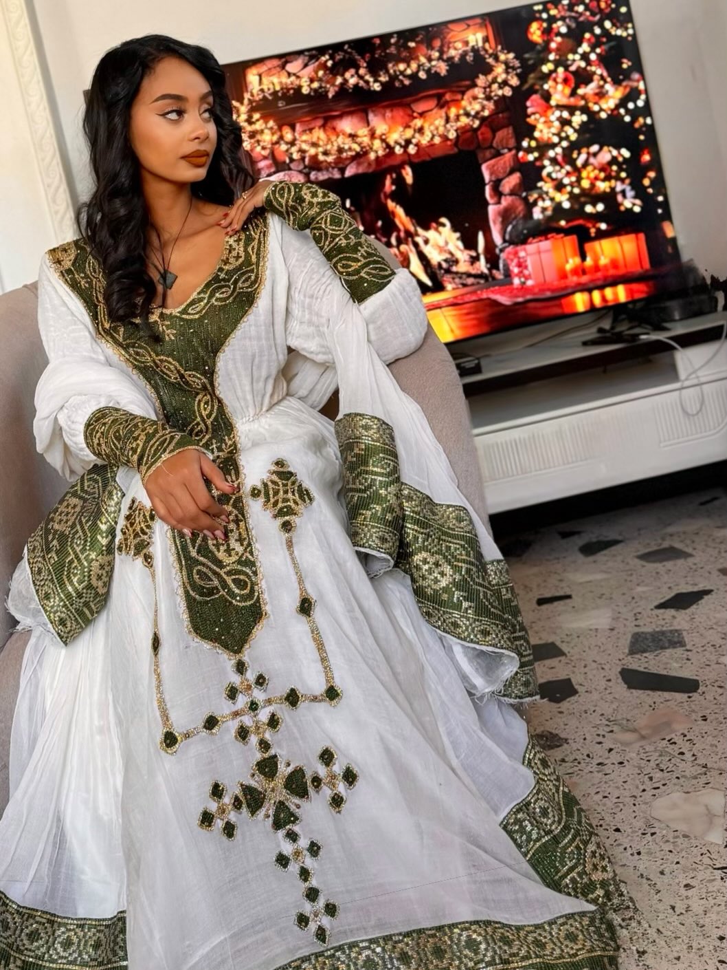 ETHIOPIAN CLOTHING COLLECTION FEATURING GREEN WOVEN HABESHA DRESS AND AUTHENTIC HABESHA KEMIS