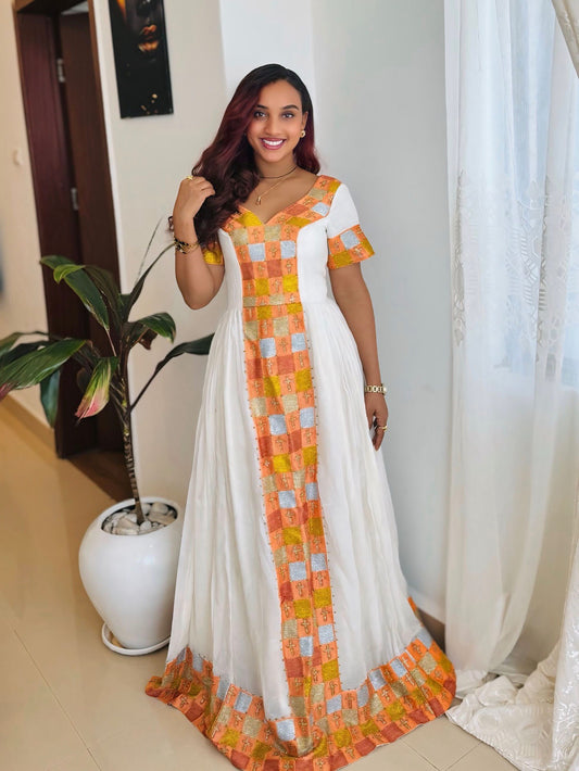  HABESHA DRESS | MULTICOLOR WOVEN HABESHA KEMIS WITH SHORT SLEEVE ETHIOPIAN DRESS