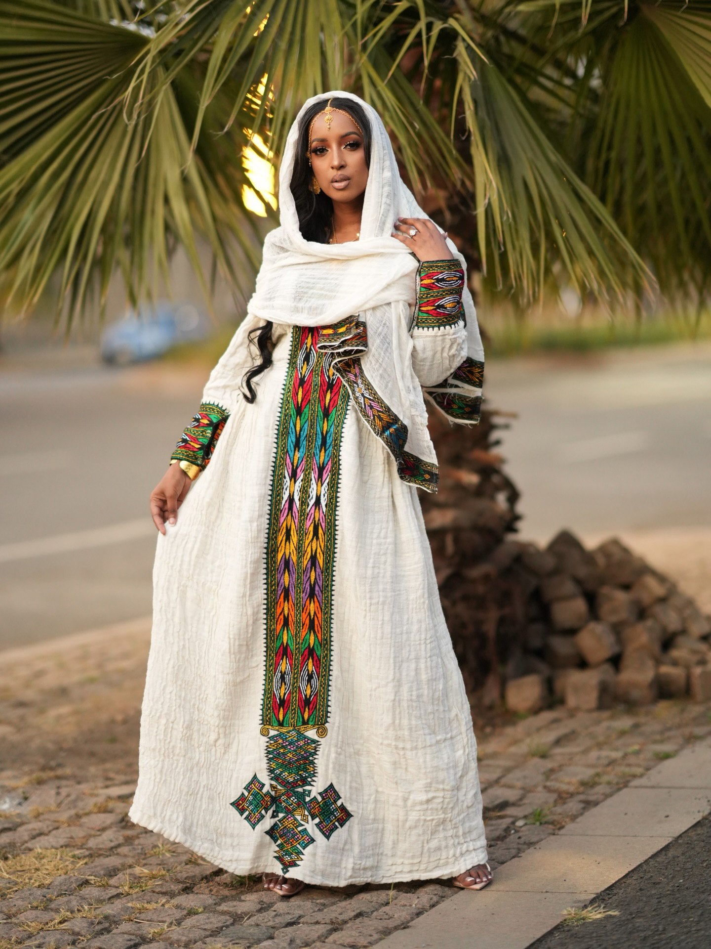 HABESHA KEMIS & HABESHA DRESS | LONG SLEEVE HABESHA DRESS WITH COLORFUL EMBROIDERY ETHIOPIAN DRESS