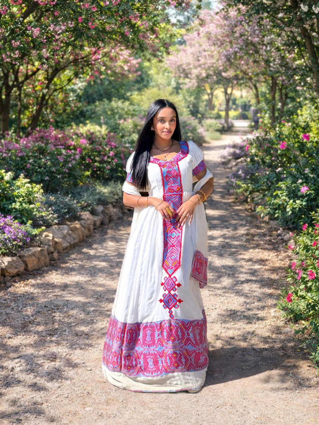 SHORT SLEEVE HABESHA TRADITIONAL DRESS WITH HANDWOVEN ETHIOPIAN CULTURAL DETAILS