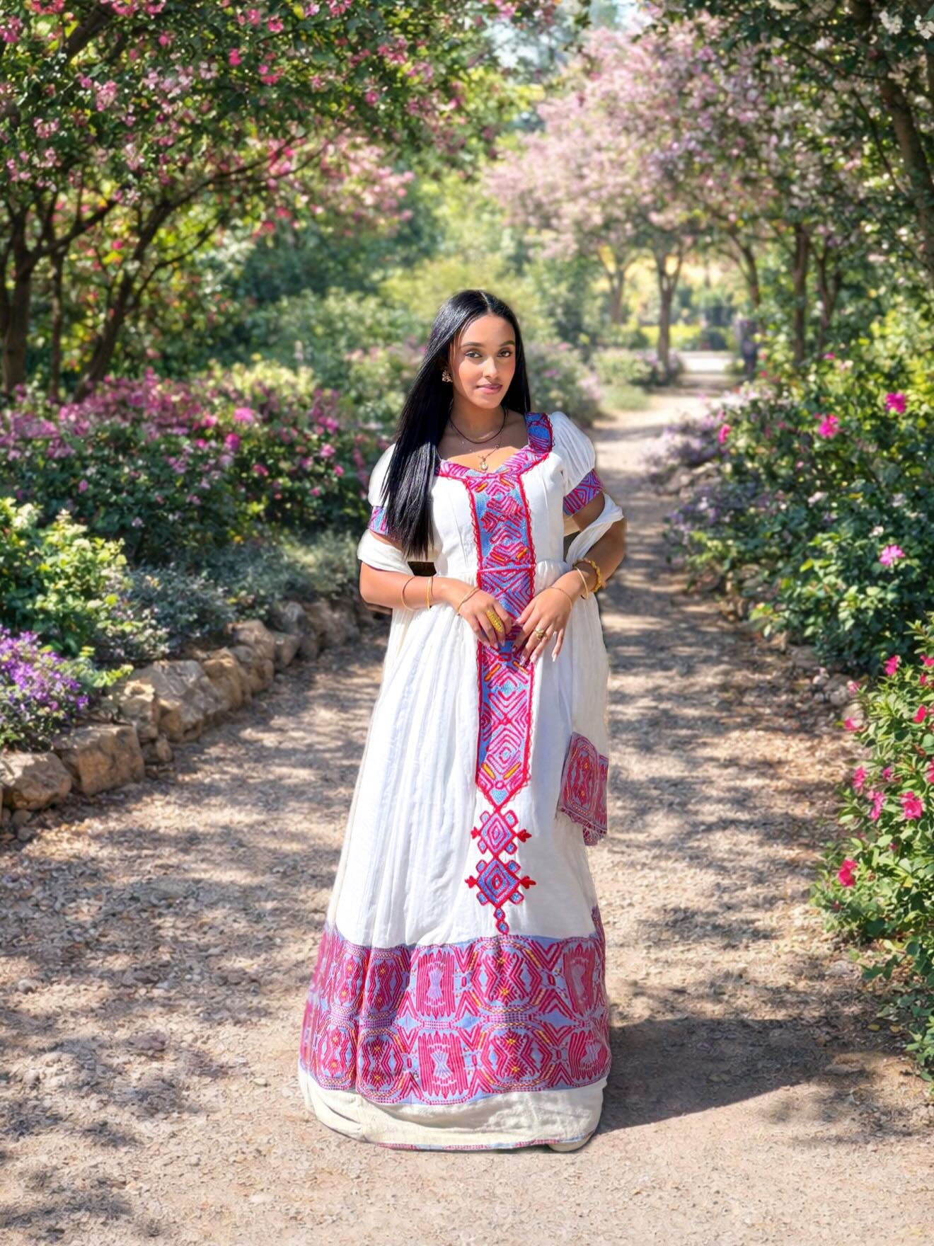 SHORT SLEEVE HABESHA TRADITIONAL DRESS WITH HANDWOVEN ETHIOPIAN CULTURAL DETAILS