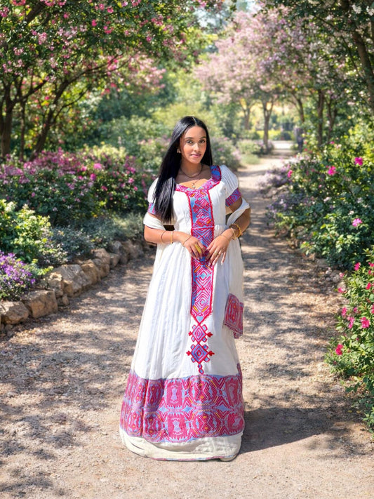 SHORT SLEEVE HABESHA TRADITIONAL DRESS WITH HANDWOVEN ETHIOPIAN CULTURAL DETAILS