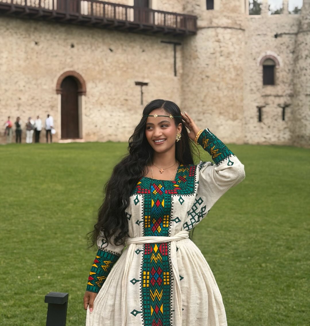ATKLT TRADITIONAL HABESHA KEMIS | GREEN WOVEN & CROSS DETAIL HABESHA DRESS | ETHIOPIAN CLOTHING FOR CULTURAL CELEBRATIONS