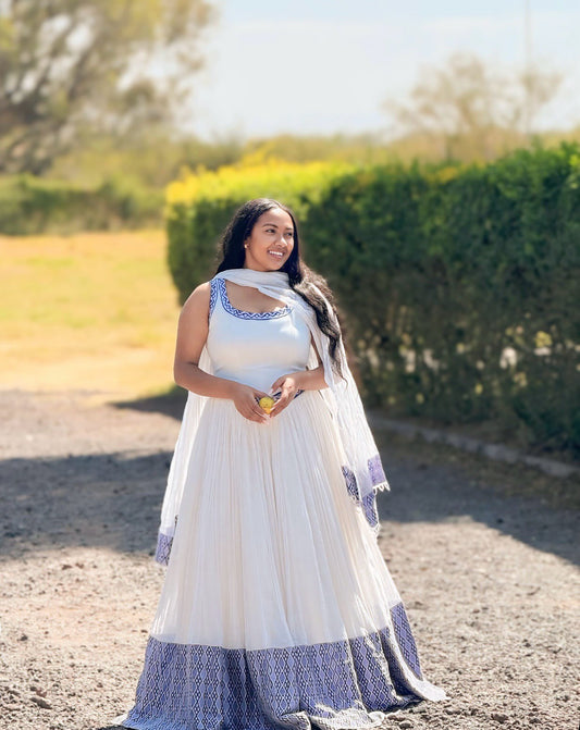 TRADITIONAL SLEEVELESS HABESHA DRESS WITH BLUE WOVEN – ETHIOPIAN CLOTHING AND HABESHA KEMIS 