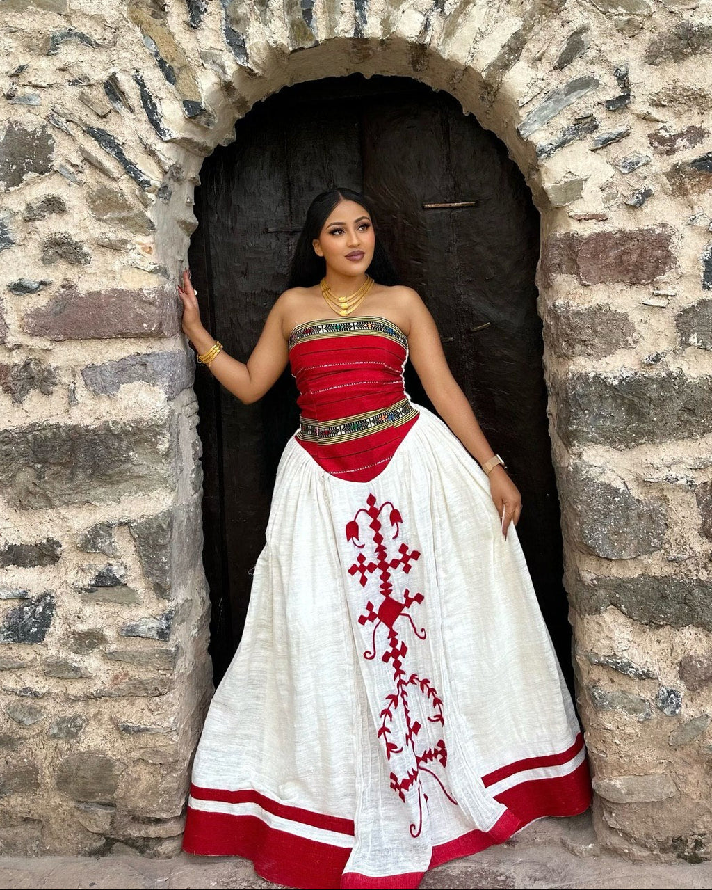 TINEBEB TRADITIONAL WHITE HABESHA KEMIS WITH RED DETAILS | ETHIOPIAN CLOTHING | HABESHA DRESS FOR CULTURAL EVENTS