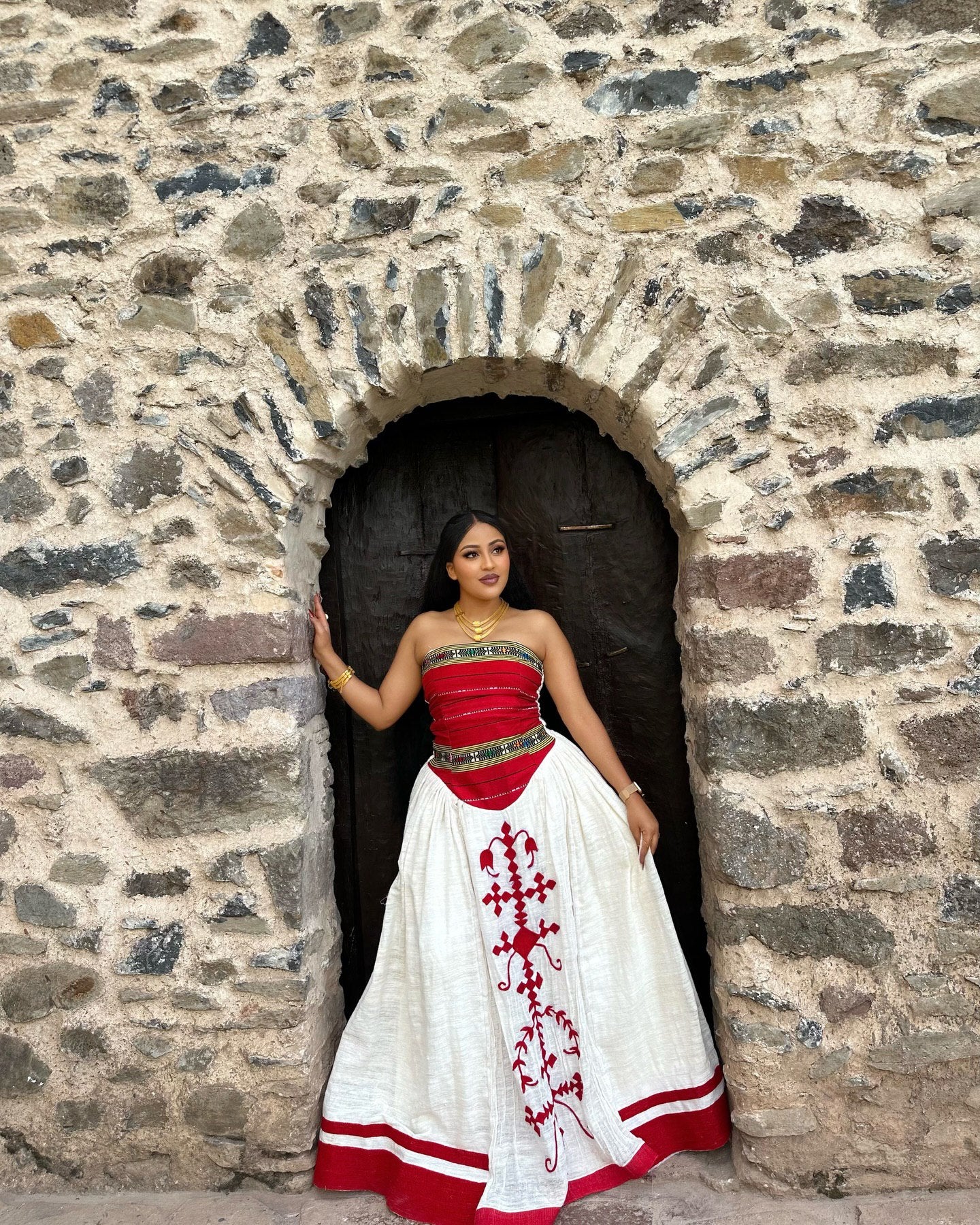 TINEBEB TRADITIONAL WHITE HABESHA KEMIS WITH RED DETAILS | ETHIOPIAN CLOTHING | HABESHA DRESS FOR CULTURAL EVENTS