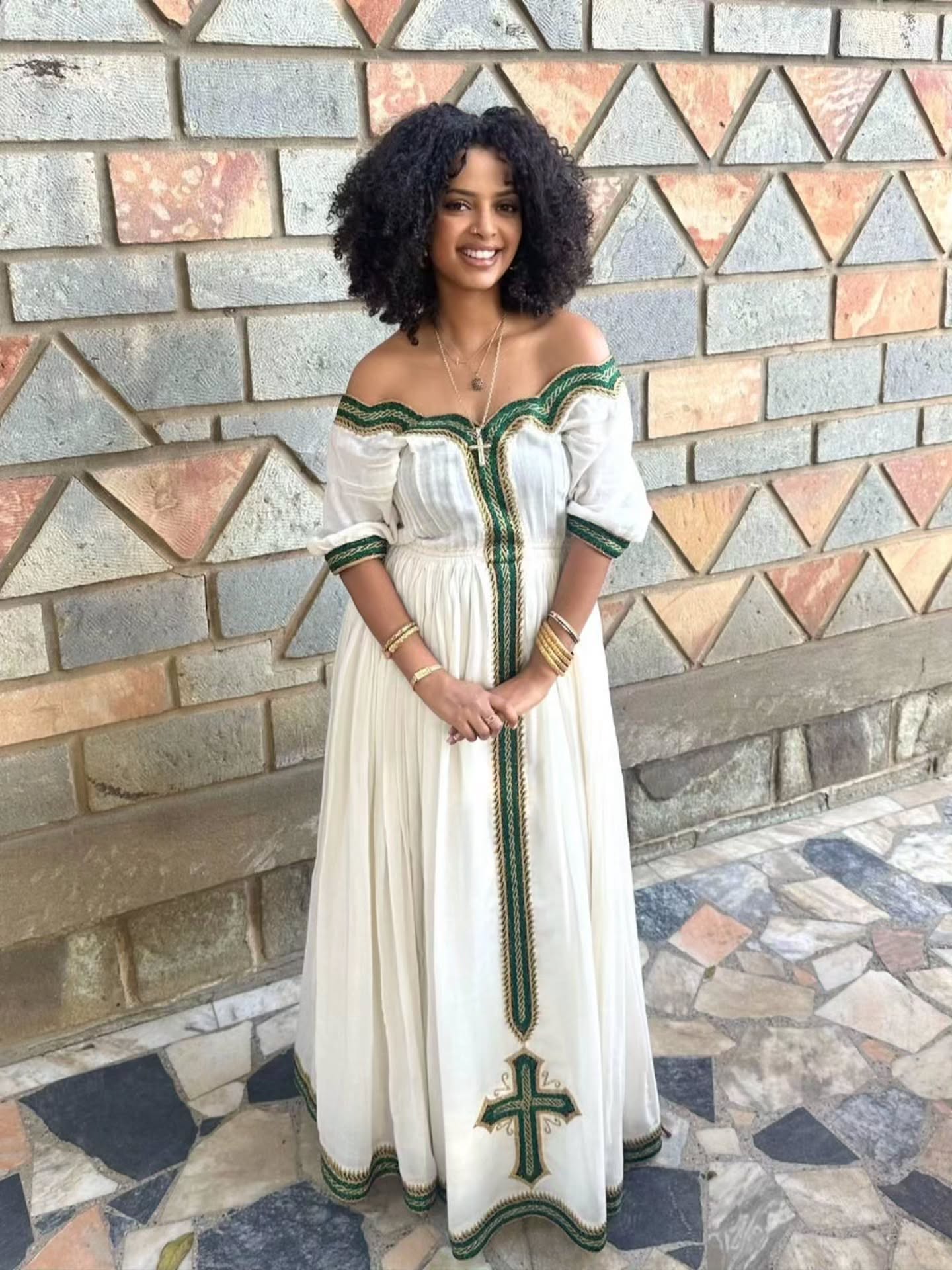 SOFI OFF-SHOULDER ETHIOPIAN DRESS | GREEN EMBROIDERY HABESHA KEMIS | SHORT SLEEVE HABESHA DRESS