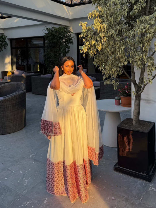 AUTHENTIC HABESHA KEMIS HABESHA DRESS FEATURING HANDWOVEN BORDERS 