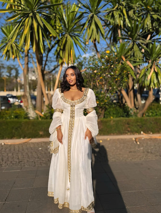 LUXURIOUS HABESHA DRESS & ETHIOPIAN TRADITIONAL DRESS | PUFF SLEEVE HABESHA KEMIS DESIGN