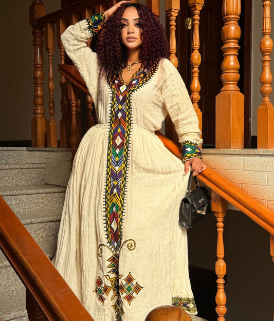 MULTICOLOR EMBROIDERY HABESHA KEMIS WITH LONG SLEEVE | STUNNING HABESHA DRESS COLLECTION 
