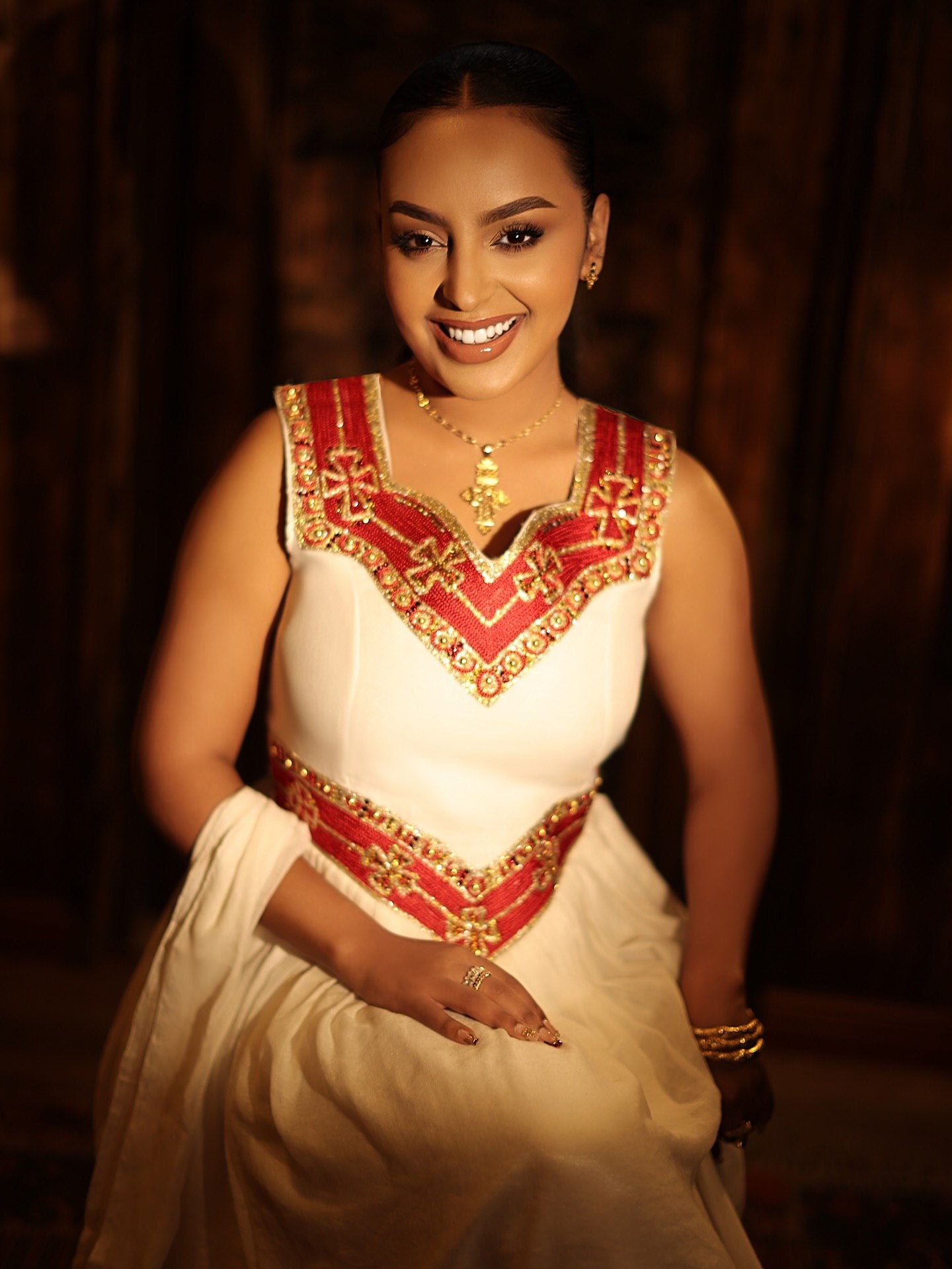ALEMTSEHAY SLEEVELESS HABESHA KEMIS | RED AND GOLDEN EMBROIDERY HABESHA DRESS | CHARMING ETHIOPIAN DRESS
