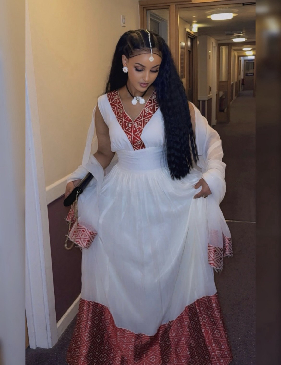 EDOMIYA TRADITIONAL AEATHIOPIAN CLOTHING | HABESHA KEMIS WITH RED WOVEN | SLEEVELESS HABESHA DRESS