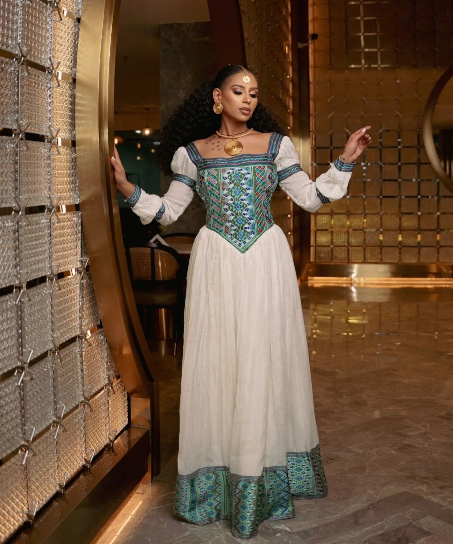 LONG SLEEVE HABESHA KEMIS WITH TRADITIONAL EMBROIDERY  ERITREAN DRESS 