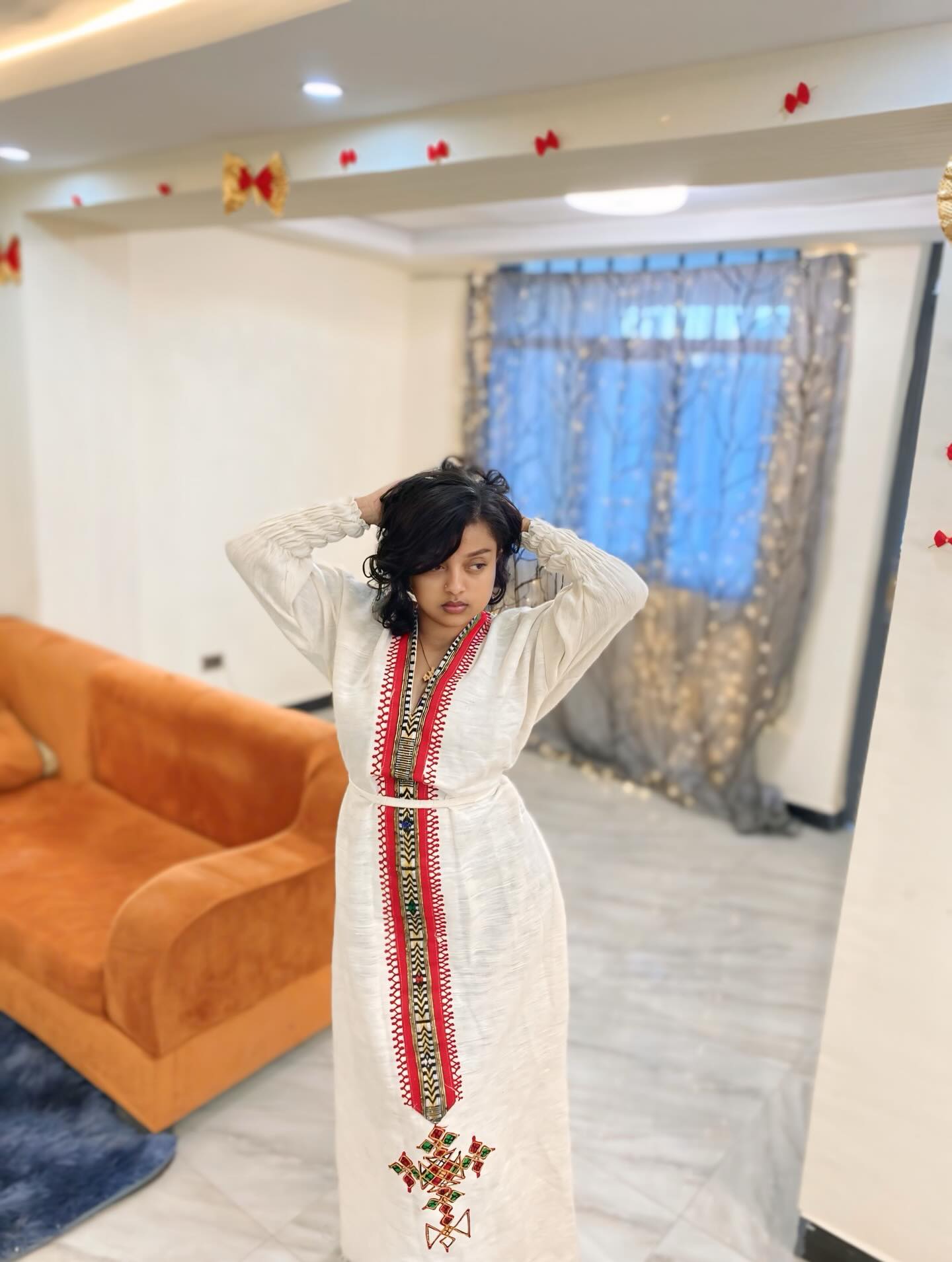 KIDAN V-NECKLINE HABESHA KEMIS | RED EMBROIDERY HABESHA DRESS | TRADITIONAL ETHIOPIAN DRESS