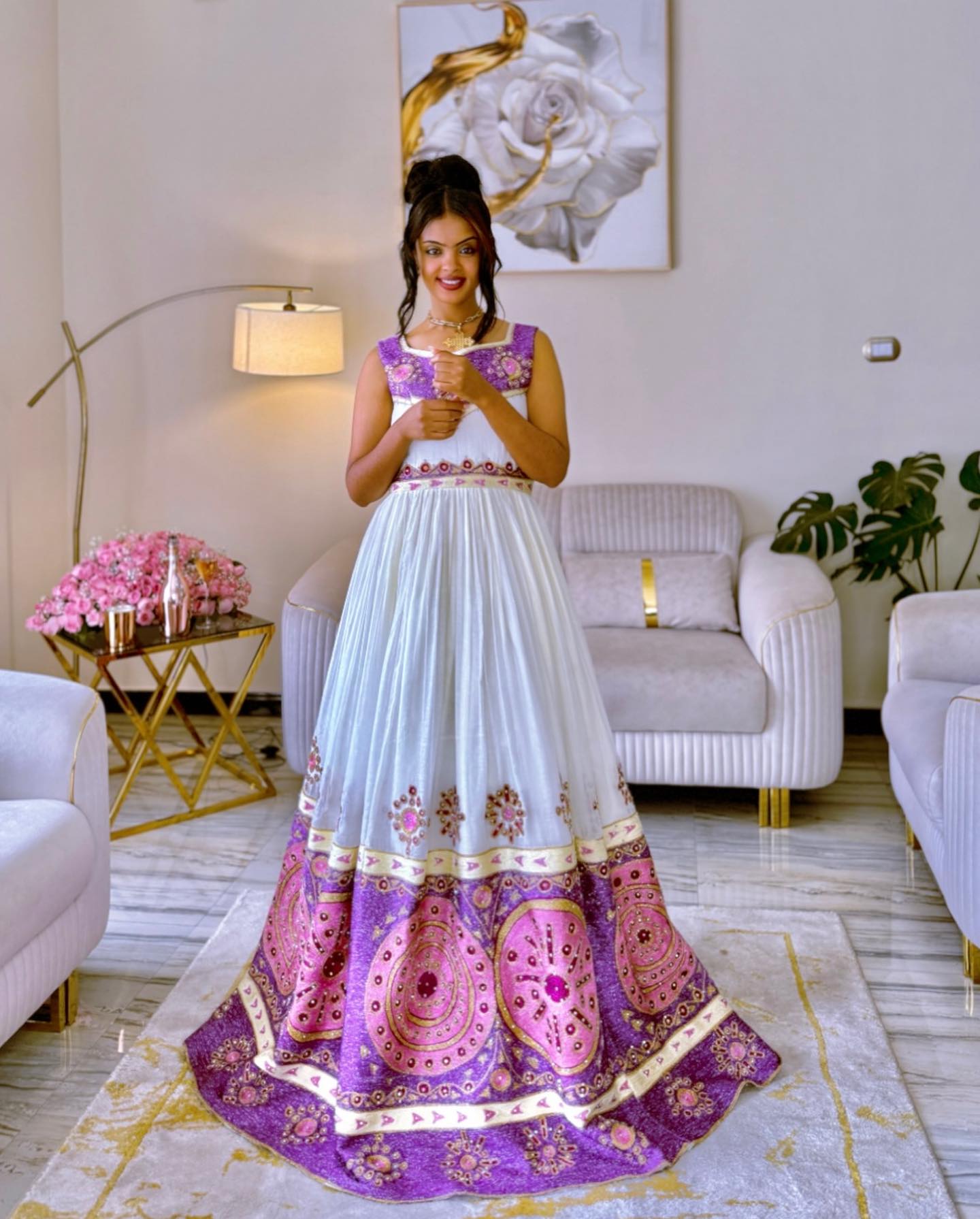 PURPLE AND PINK EMBROIDERY ETHIOPIAN WEDDING DRESS