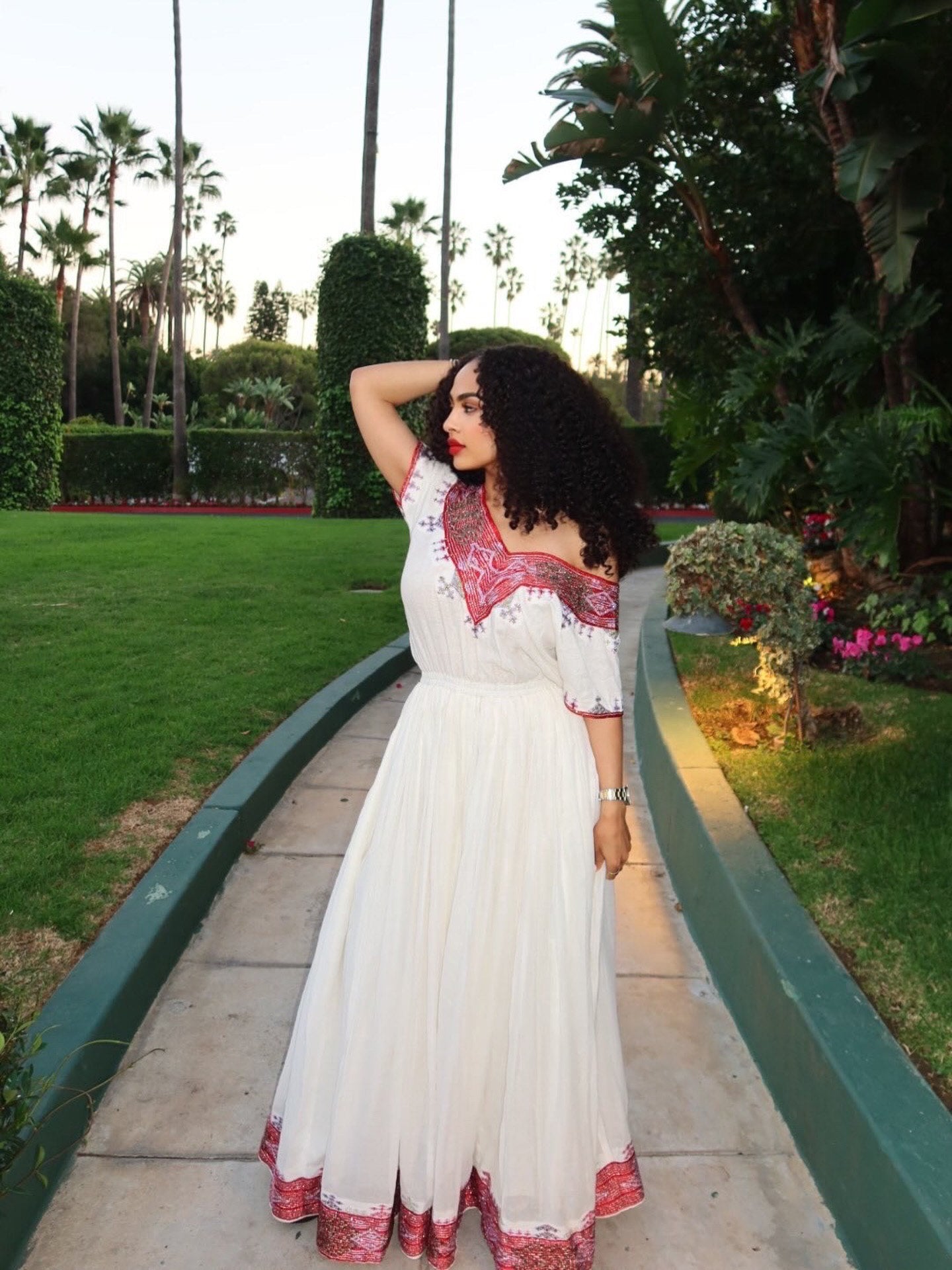 RED WOVEN HABESHA DRESS WITH V-NECKLINE – ETHIOPIAN TRADITIONAL DRESS AND WEDDING STYLE