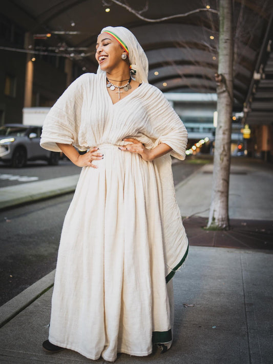 WHITE HABESHA DRESS TRADITIONAL ETHIOPIAN DRESS MADE WITH AUTHENTIC HABESHA CLOTH