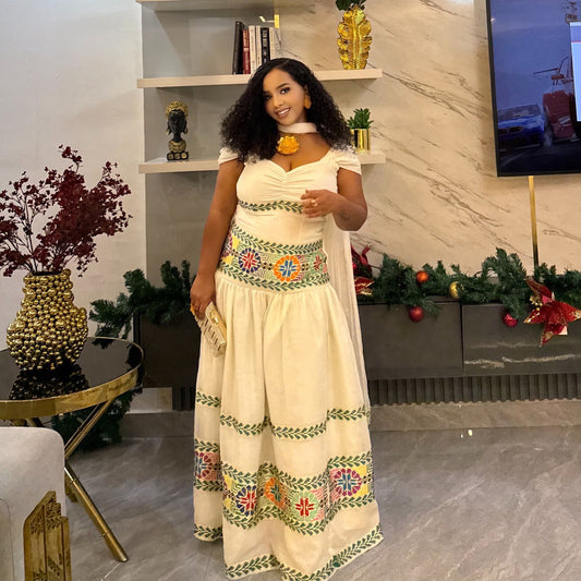 MULTICOLOR WOVEN HABESHA KEMIS – TRADITIONAL ETHIOPIAN DRESS 