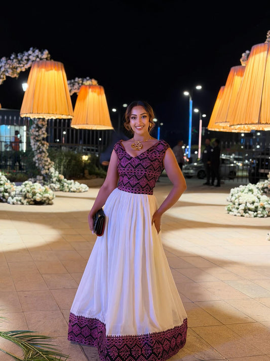 PURPLE SLEEVELESS HABESHA DRESS – TRADITIONAL ETHIOPIAN DRESS 