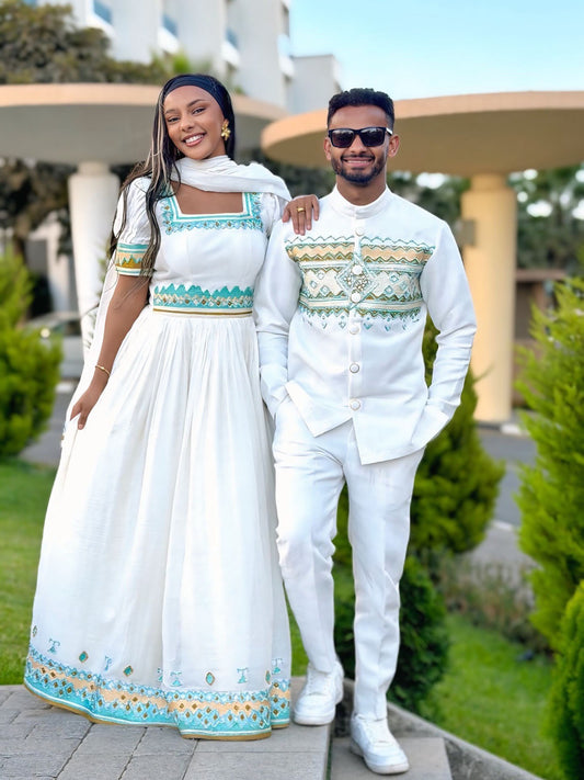 HABESHA COUPLE OUTFIT FOR MEN AND WOMEN – TRADITIONAL ETHIOPIAN WEDDING COUPLE DRESS