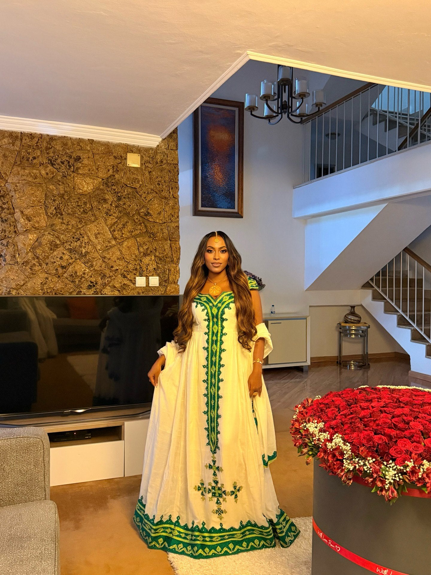 GREEN EMBROIDERY SHORT SLEEVE HABESHA KEMIS TRADITIONAL ETHIOPIAN DRESS STYLE