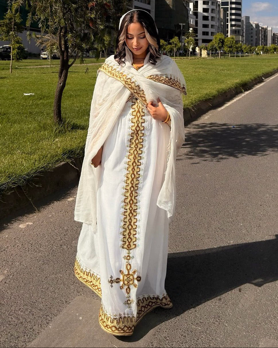 SEMUTI GOLDEN EMBROIDERY HABESHA KEMIS | LUXURY HANDWOVEN HABESHA DRESS | ETHIOPIAN CLOTHING