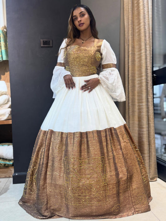 TRADITIONAL ETHIOPIAN WEDDING DRESS WHITE HABESHA DRESS WITH GOLDEN EMBROIDERY