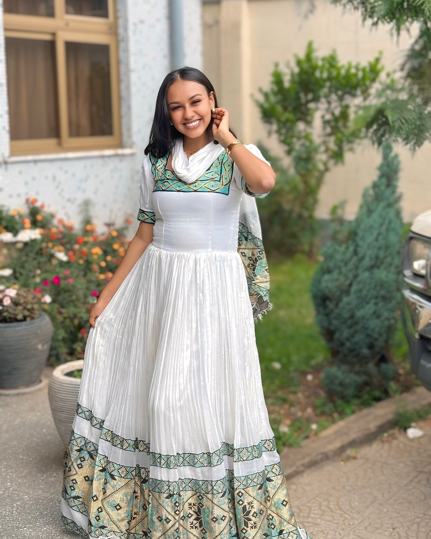 SIMANTA HABESHA KEMIS WITH GREEN WOVEN EMBROIDERY | HABESHA DRESS OUTFIT | ETHIOPIAN CLOTHING