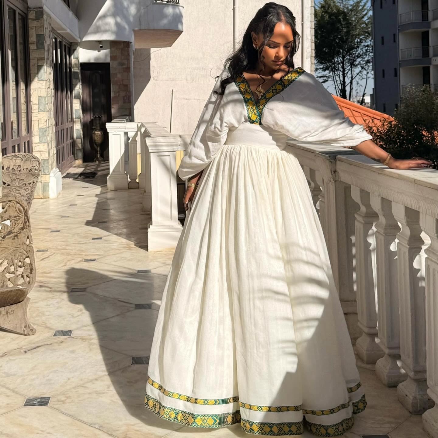 YERO V-NECKLINE HABESHA KEMIS | GREEN AND YELLOW EMBROIDERY HABESHA DRESS | TRADITIONAL ETHIOPIAN DRESS