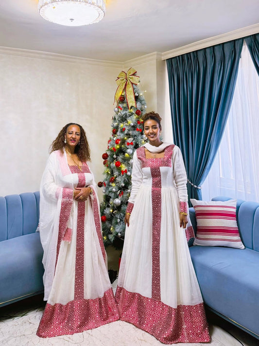 LONG SLEEVE HABESHA DRESS WITH RED WOVEN DETAIL TRADITIONAL ETHIOPIAN STYLE