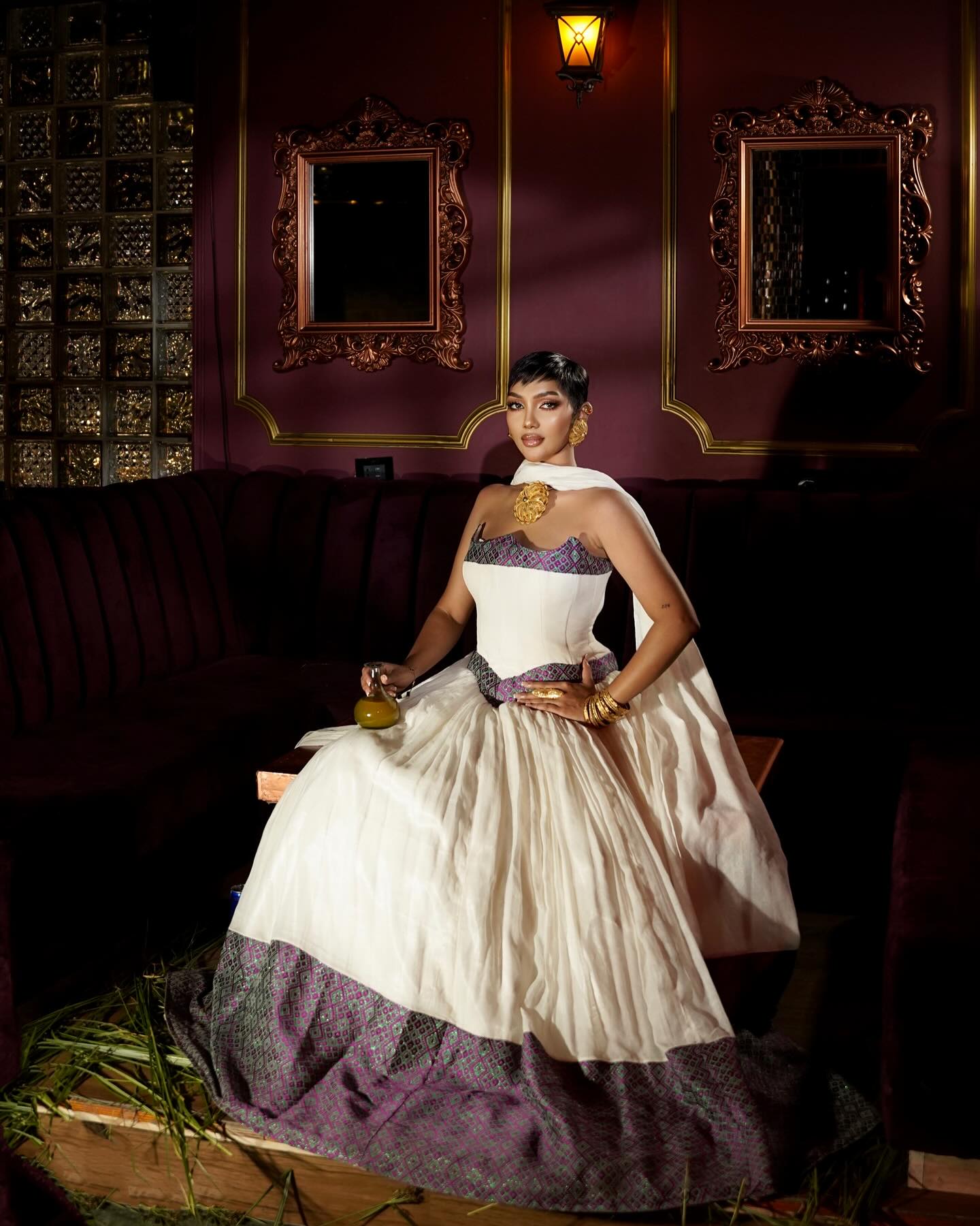 OFF-SHOULDER HABESHA KEMIS WITH PURPLE WOVEN DETAIL ETHIOPIAN TRADITIONAL STYLE