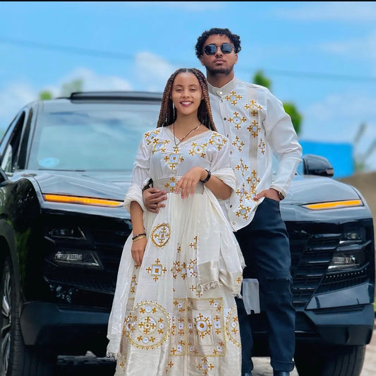 BUY HABESHA COUPLE OUTFIT WITH GOLDEN EMBROIDERY | TRADITIONAL ETHIOPIAN CLOTHING