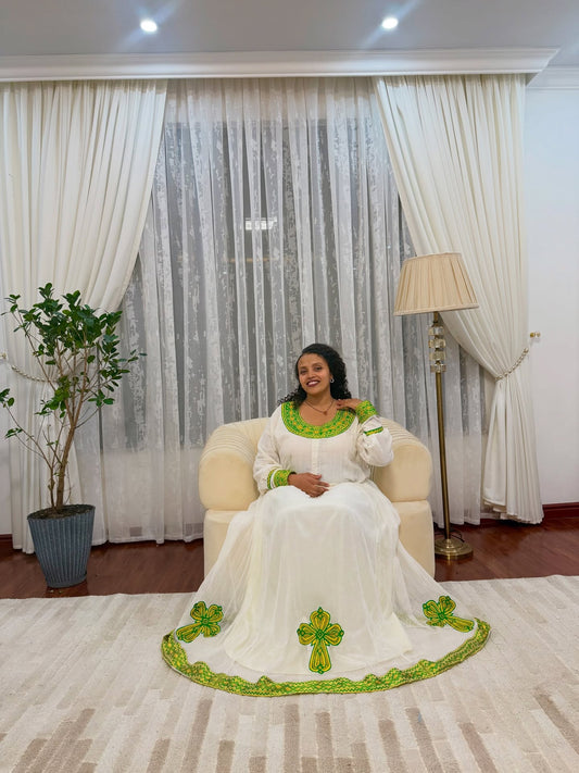 STUNNING GREEN AND YELLOW EMBROIDERY LONG SLEEVE HABESHA DRESS – AUTHENTIC ETHIOPIAN CLOTHING 