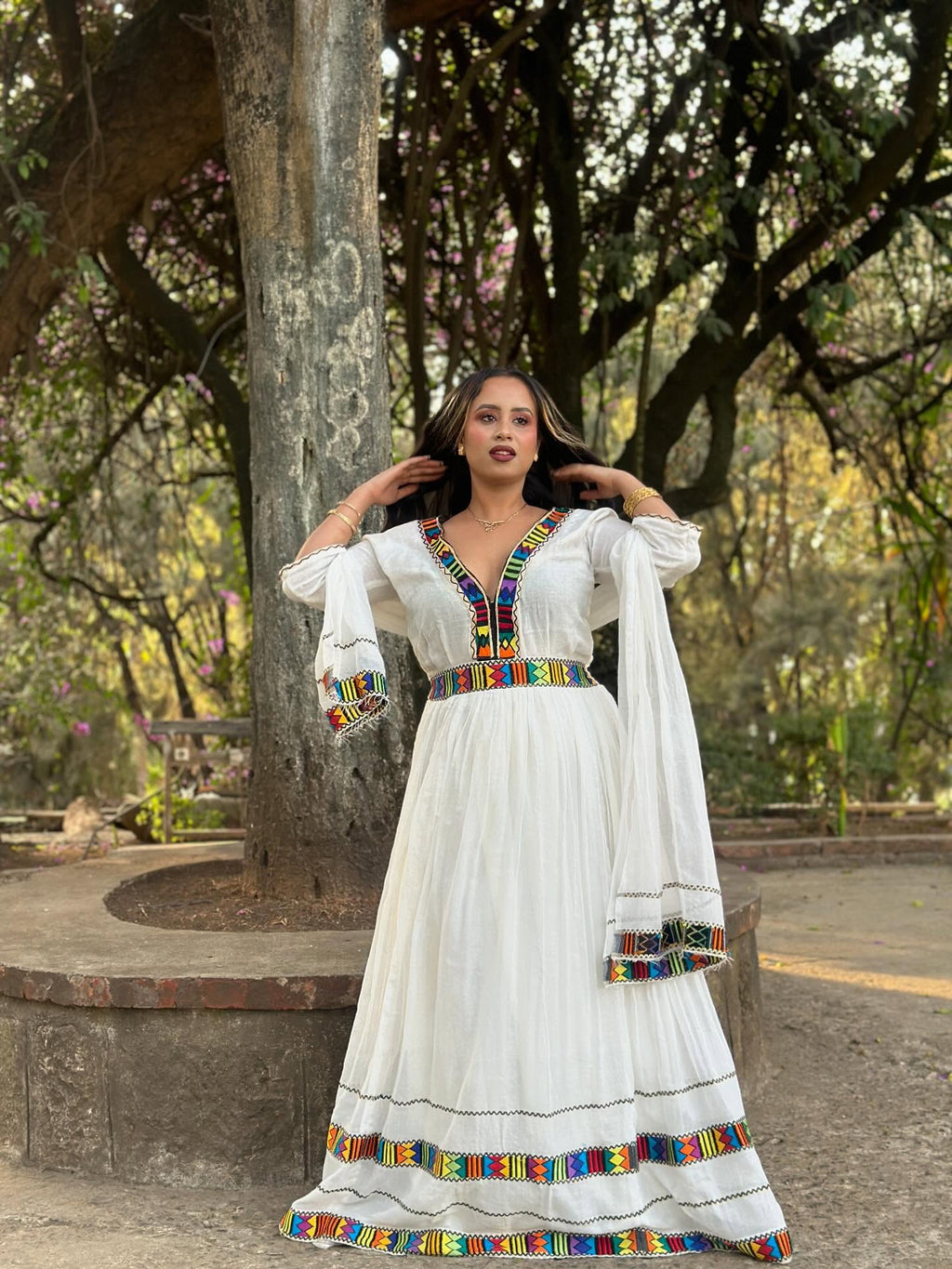 V-NECKLINE MULTICOLOR WOVEN HABESHA DRESS – AUTHENTIC ETHIOPIAN CLOTHING AND ERITREAN DRESS IN TRADITIONAL ETHIOPIAN CLOTHING
